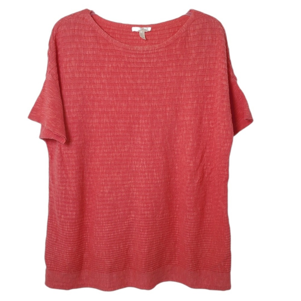 Eileen Fisher Coral Pink Organic Linen Cotton Short Sleeve Sweater Size L S17FMH